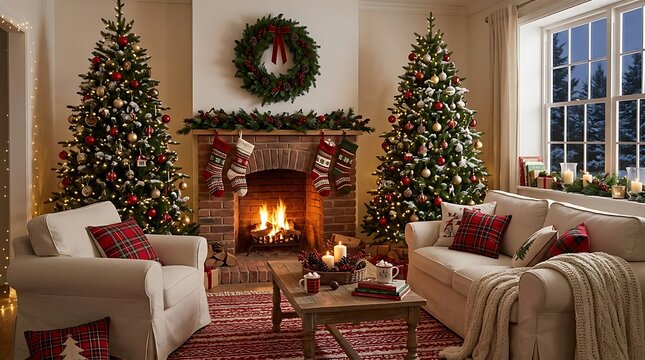 Cozy christmas living room interior with two decorated christmas trees, a fireplace with stockings, and a comfortable sofa for holiday celebration