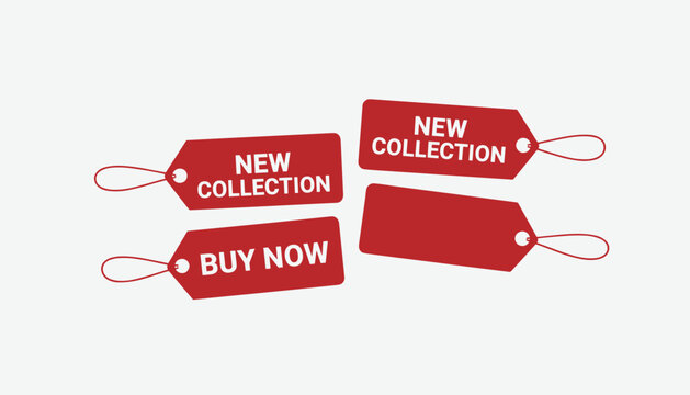 Four red paper sale tags with strings, displaying text like buy now, new collection, and one blank template tag.
