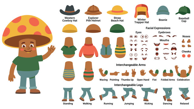Mushroom man character creator set with clothes and expressions.