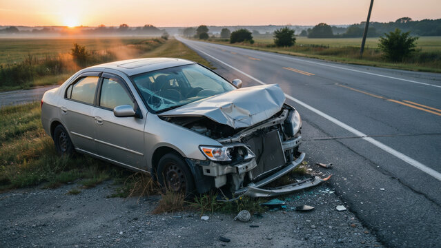 Damaged silver car crashed on side of rural road at sunset