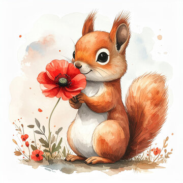 Lovely watercolor art shows cute red squirrel standing. It holds huge blooming red poppy. Small poppies and grass are near feet. White background has small color spots.
