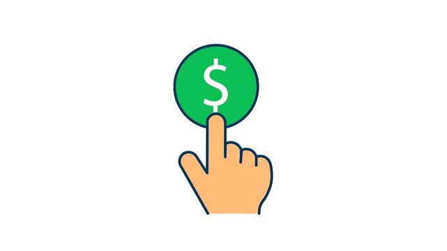 Hand Clicking Dollar Button  Flat Animation Icon. Pay Per Click Concept. Advertising, Online Payment, Digital Marketing, Revenue, And Financial Interaction.
