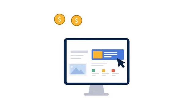 Pay Per Click or PPC Advertising And Online Marketing. Flat Design Animation Of  Computer Displaying An Online Advertisement With A Cursor And Floating Dollar Coins. 
