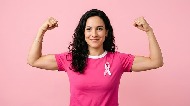 A confident young woman wearing a pink shirt with a ribbon symbol celebrating breast cancer awareness month by flexing her arm muscles