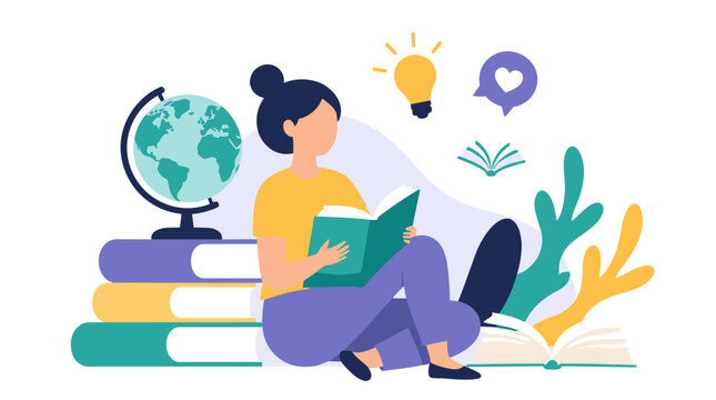 Young person reading a book with globe and plants illustration.