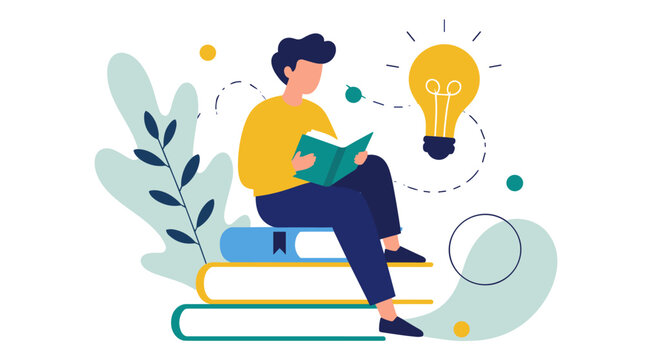 Young reader sitting on stacked books with light bulb idea.