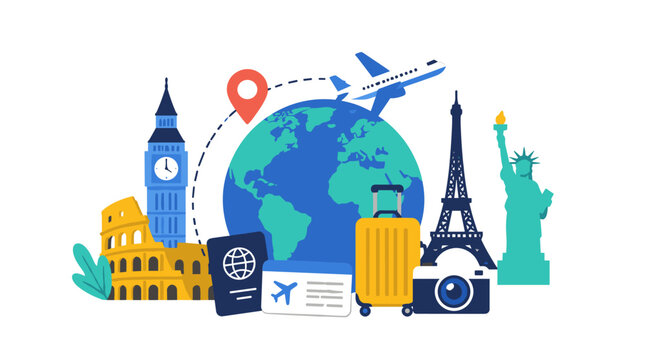 Global travel concept with landmarks and luggage main subject.