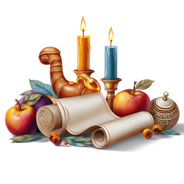 Jewish new year still life with apples honey scroll and candles, hashanah