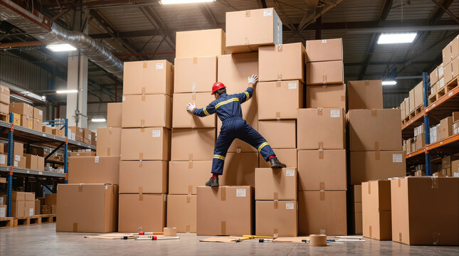 Laborer climbing stack of cardboard boxes in large distribution center. Unsafe work practices and workplace safety violation in industrial warehouse environment.