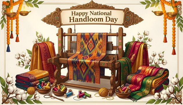 Celebrate National Handloom Day with traditional Indian handloom textile weaving on a wooden loom by an artisan weaver