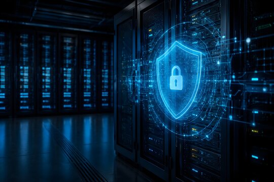 Ultra Realistic Enterprise Cybersecurity Protection in Futuristic Data Center Server Room with Holographic Digital Shield