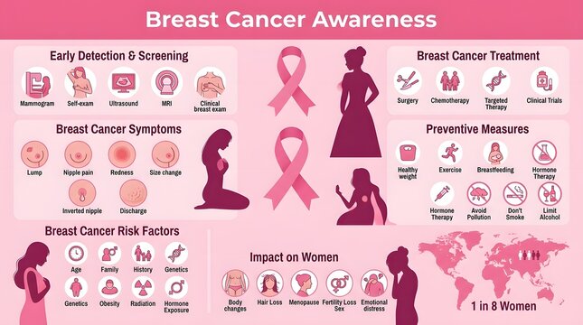 Educational infographic poster for breast cancer awareness month featuring medical icons symptoms risk factors and support resources for women health education campaigns