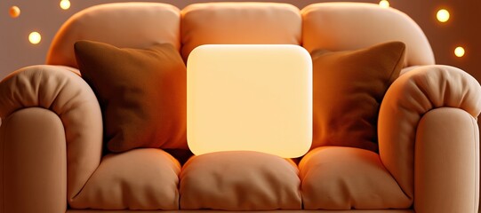 Fototapeta premium Cozy sofa with glowing blank rectangle and warm light particles