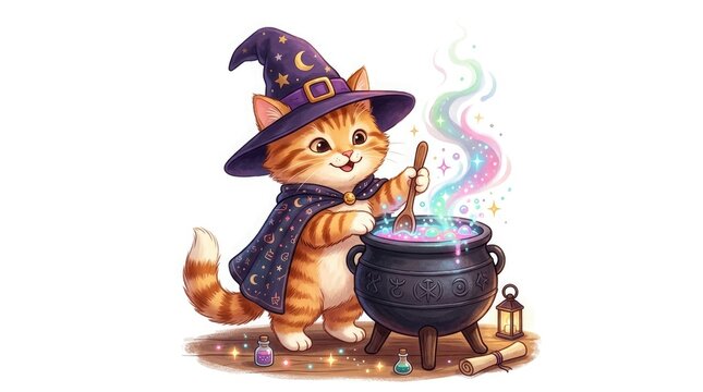Cute orange tabby kitten wearing a wizard hat and cape casting a magic spell over a bubbling cauldron