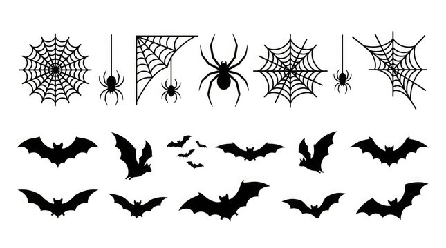 Set of black silhouette illustrations featuring various spider webs spiders and flying bats for halloween holiday design projects