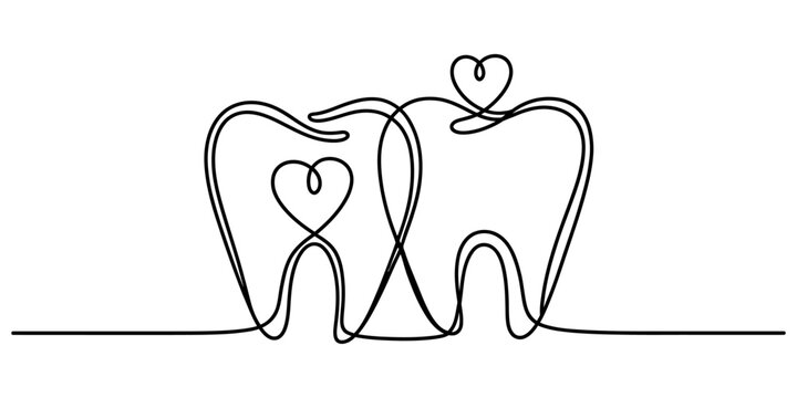 Continuous line drawing of two teeth with heart shapes for dental care and oral health concepts