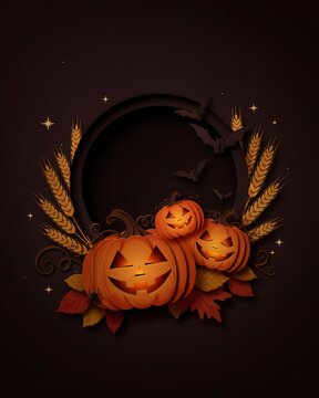 Festive halloween wreath featuring glowing jack o lanterns and autumn leaves on a dark background
