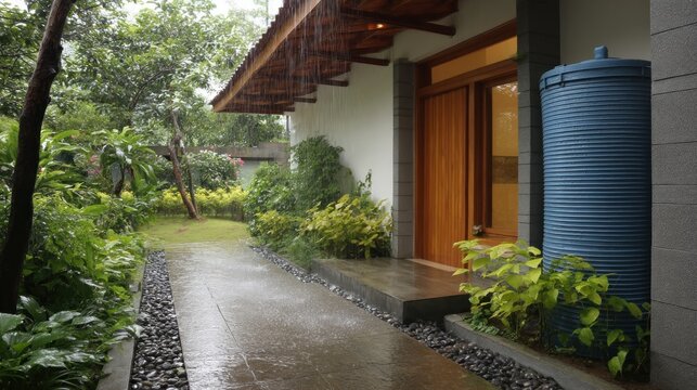 A rainy day scene shows a stone path leading to a wooden door under a roof overhang, lush greenery surrounds a blue water tank