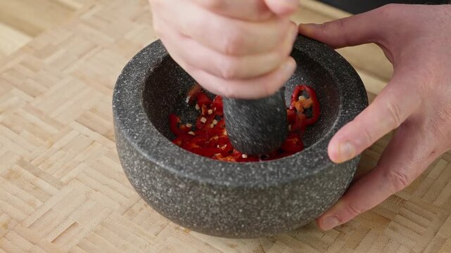 Pounding red chili peppers and fresh garlic cloves in a traditional stone mortar and pestle. Real-time action footage of crushing aromatic spicy ingredients into a fresh paste.