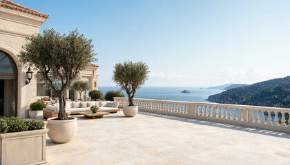 Fototapeta premium Elegant Mediterranean Oceanfront Terrace with Contemporary Luxury Architecture.