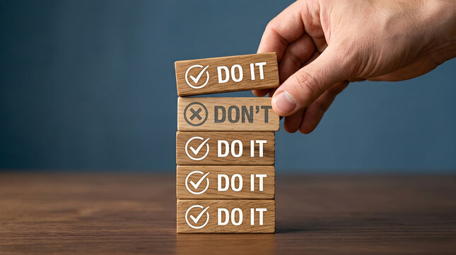 Task Prioritization and Decision Making Concept Hand Placing Wooden Blocks on Table