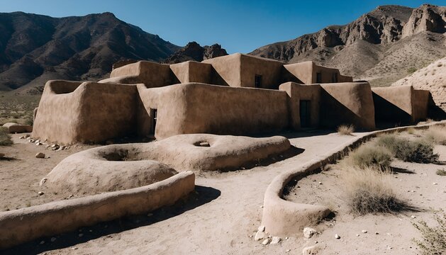 Ancient adobe pueblo building in the desert landscape
