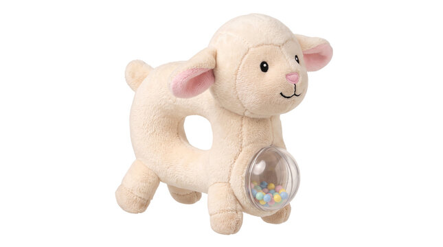 Plush lamb baby rattle toy, soft cream sheep stuffed animal with sensory beads, cute nursery accessory for infant development and play