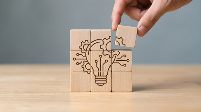 Technological Innovation Process Optimization Concept Hand Placing Wooden Block on Table