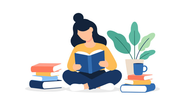 Woman Reading a Book Surrounded by Stacks and Plant.