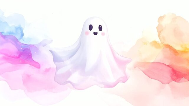 Watercolor Style Halloween Cute Friendly Ghost Character Amidst Colorful Pastel Watercolor Splashes Design