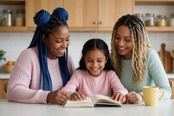 Obraz premium Happy family reading book together in kitchen. Two women and girl smile, enjoy time at table. Female couple bonding with child, fostering love for learning at home.