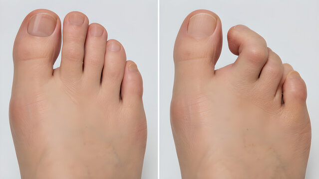 Hammer Toe vs Normal Toe Anatomy Comparison, Photorealistic Medical Illustration of Curled Toe Deformity for Podiatry, Orthopedic, Healthcare, Clinical Training and Patient Education Use