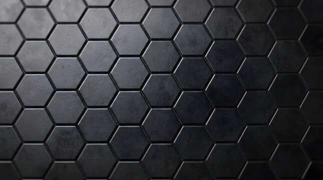 Dark metallic hexagonal tiles create a modern geometric pattern