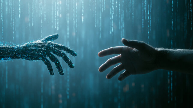 human hand reaching out to robot hand connecting digital future technology and artificial intelligence.
