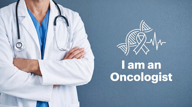 Oncologist doctor with stethoscope. Medical specialist standing with arms crossed.