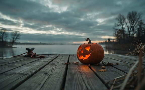 A glowing carved jack o lantern sits on a wooden dock at sunset near a lake