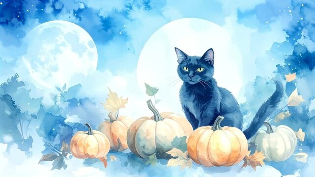 Watercolor Style Halloween Watercolor Black Cat Sitting Among Autumn Pumpkins Under Full Moon Night Sky For Halloween Seasonal Design
