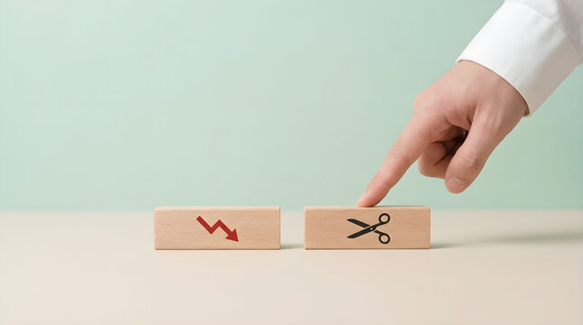 Cost Reduction Strategy Concept Hand Pointing at Wooden Blocks with Icons