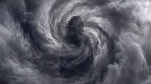 Stormy vortex of dark clouds surrounding a lone silhouette standing in the center. Person facing a powerful swirling storm of smoke and mist.