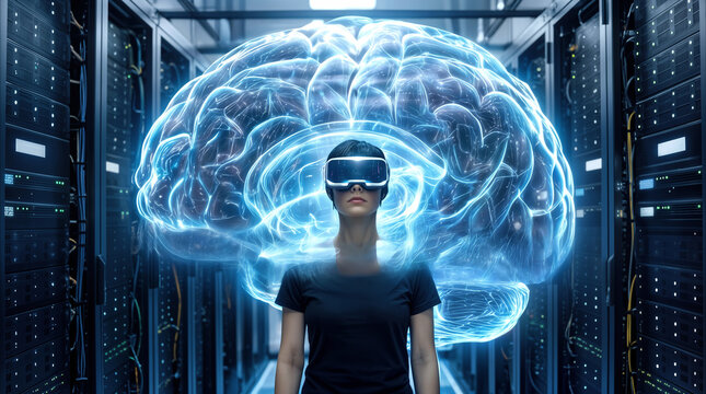 Woman wearing virtual reality headset in data center with glowing digital brain overlay. Artificial intelligence and neural network concept.