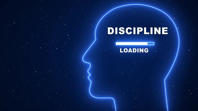 Discipline loading concept: glowing human head silhouette with progress bar for personal development, mental growth, and productivity motivation