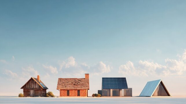 Architectural evolution from primitive wooden hut to brick cottage, contemporary minimalist villa and futuristic sustainable smart home with solar
