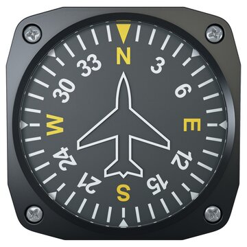 Aircraft heading indicator directional gyro gauge with compass rose scale, isolated on a white background. 3D render image.