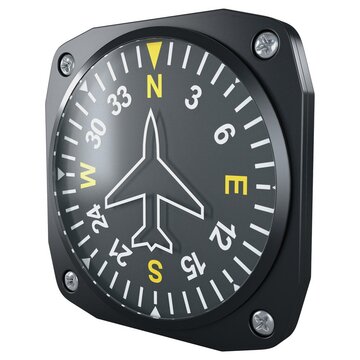 Aircraft heading indicator directional gyro gauge with compass rose scale, isolated on a white background. 3D render image.
