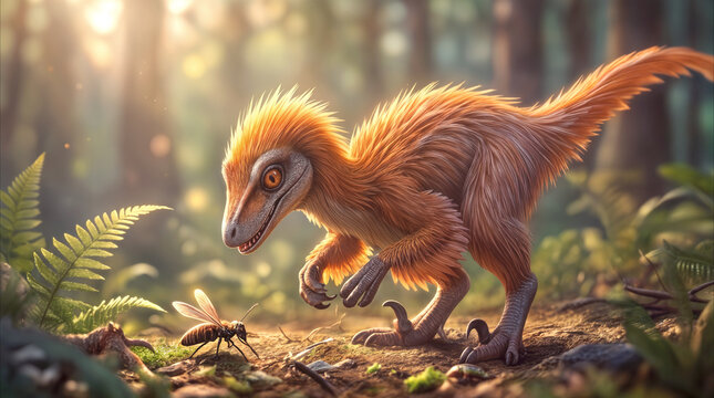 Small feathered dinosaur observing insect on forest floor. Prehistoric theropod hunting in sunlit ancient woodland.