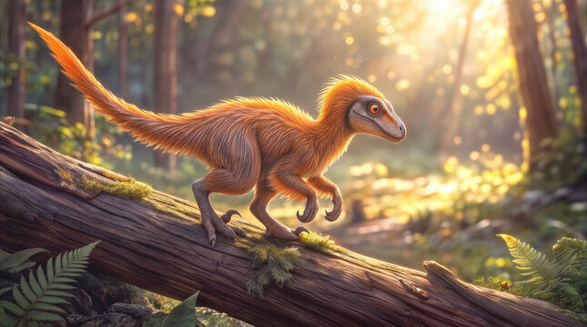 Small feathered dinosaur walking on fallen tree trunk in sunlit prehistoric forest. Young raptor exploring jungle environment during Cretaceous period.