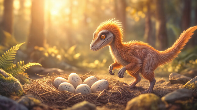 Theropod dinosaur hatchling standing near nest with eggs in prehistoric forest. Small feathered raptor guarding clutch of speckled eggs during golden hour.