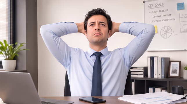 Concerned office worker leaning back with hands behind head. Corporate professional reflecting on business challenges and quarterly goals in modern workspace.