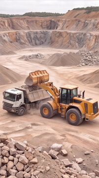 Wheel loader dumping crushed stone into dump truck bed at open pit mine. Industrial quarry operations and heavy machinery workflow.