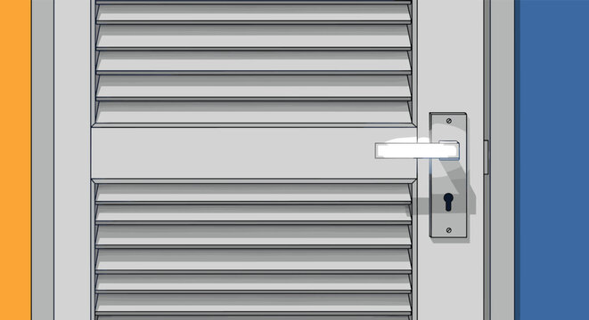 Close-up view of a modern louvered door featuring a silver handle, lock, and keyhole is shown in a detailed vector illustration for architecture.